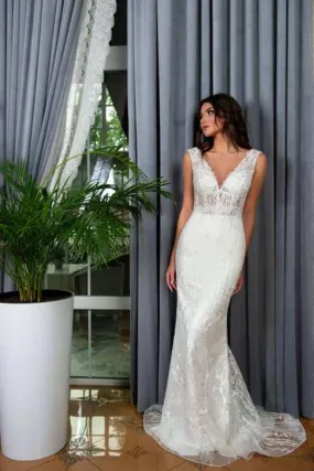 ---Italian designer wedding dress, elegant and sensual mermaid style with deep V neckline, lace straps, open shoulder--