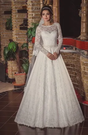 ---Lace wedding dress for winter wedding with long sleeves and A line skirt--