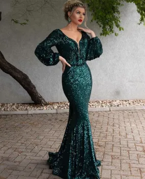 14378  Abiti da sera con paillettes a maniche lunghe verde scuro Sirena lungo scollo a V senza schienale Abiti da festa formale