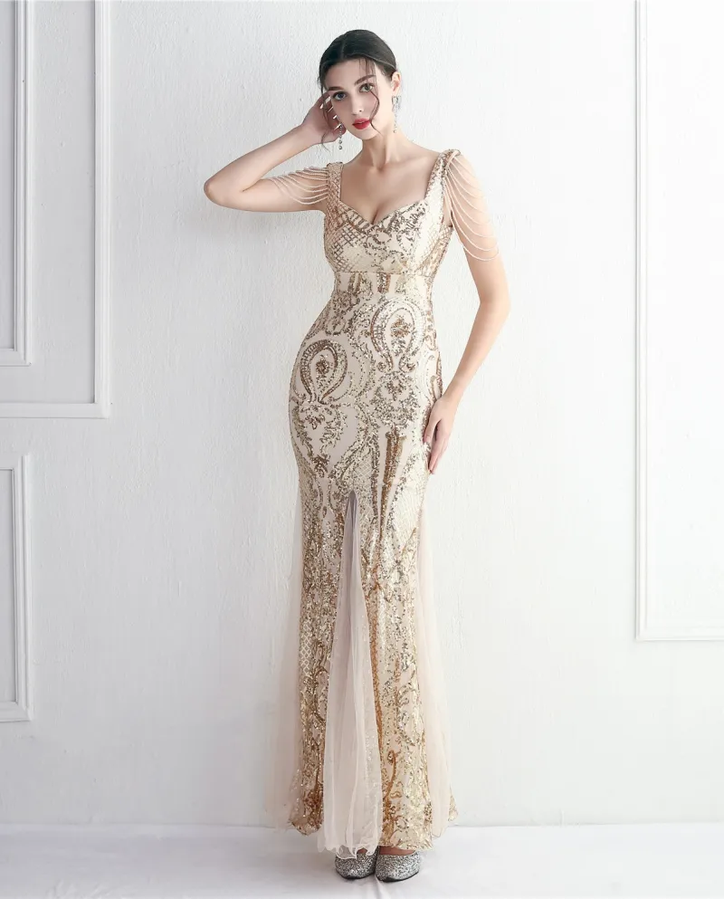 19618beaded Mesh Craft Beaded Evening Dress Long Banquet Slim Evening Dress Temperament Elegant Long