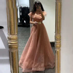 Abiti da sera rosa con scollo a trapezio per donna Lunghezza pavimento in tulle con cintura Abito da ballo manica corta Glitter