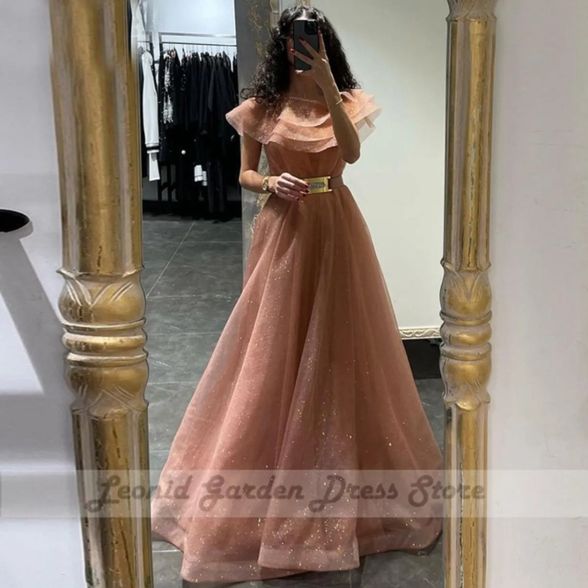 Abiti da sera rosa con scollo a trapezio per donna Lunghezza pavimento in tulle con cintura Abito da ballo manica corta Glitter