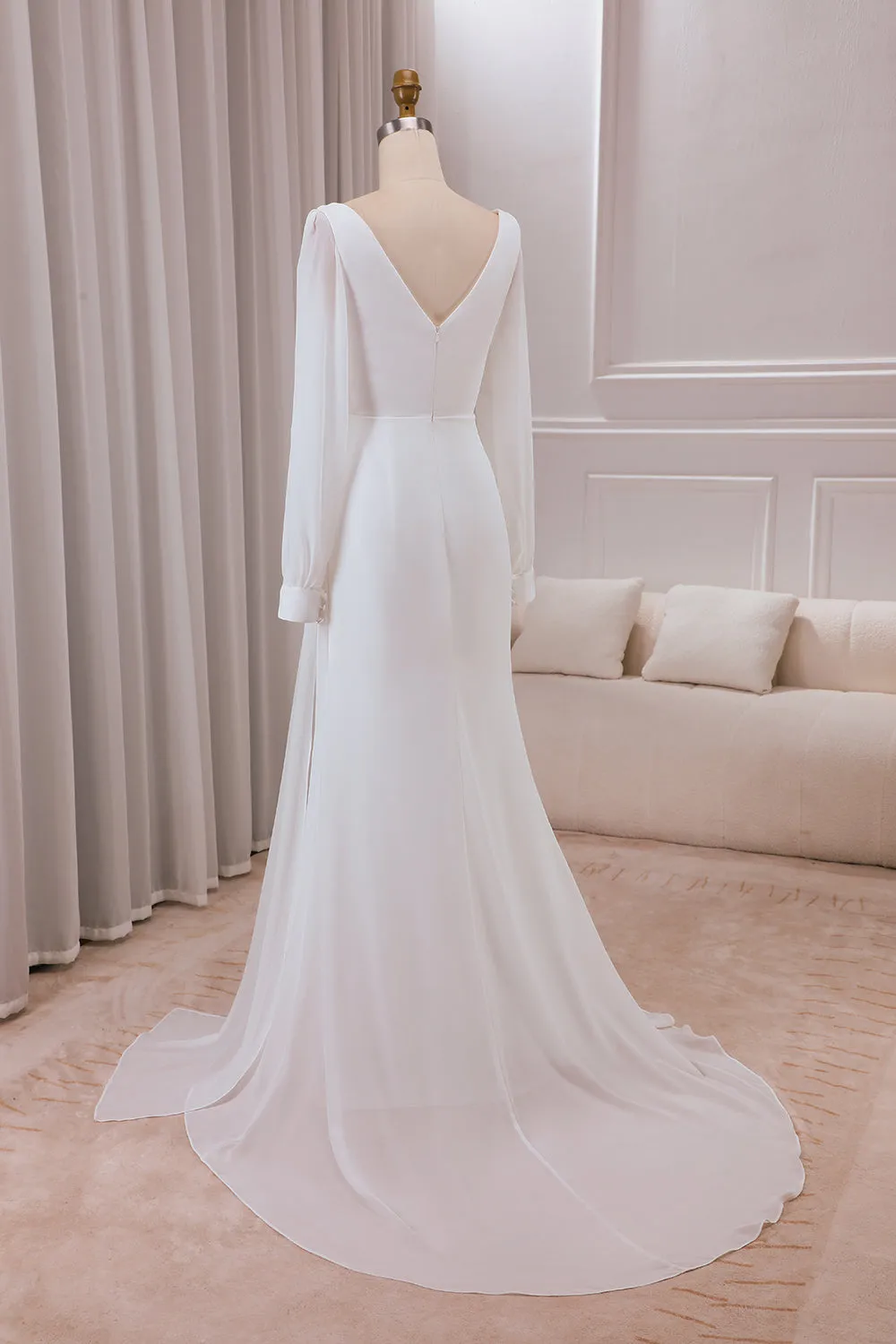 avorio scollo a V maniche lunghe A-line Chiffon abito da sposa