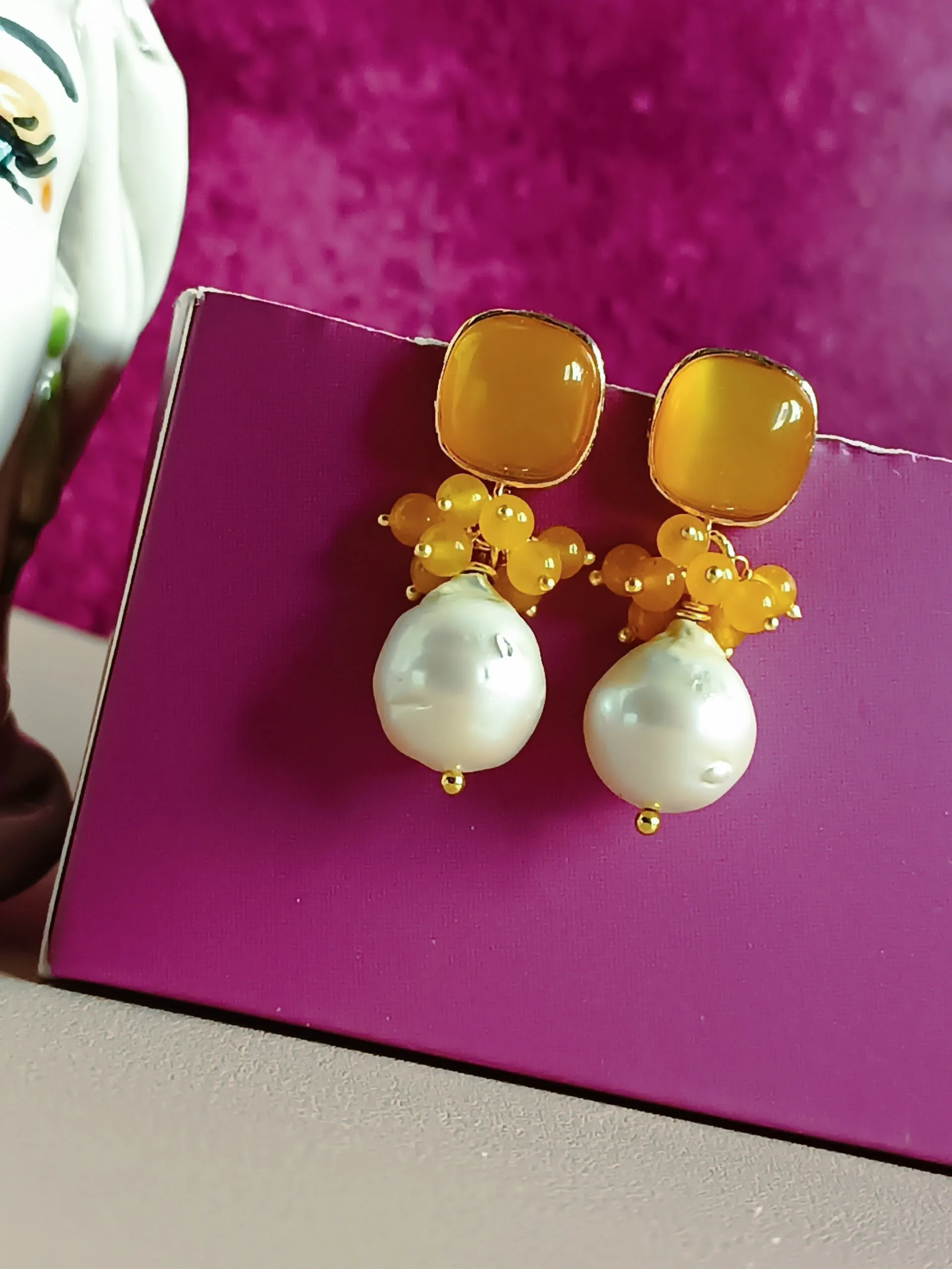 Baroque Pearl Earrings with Yellow Chrysoberyl Stones