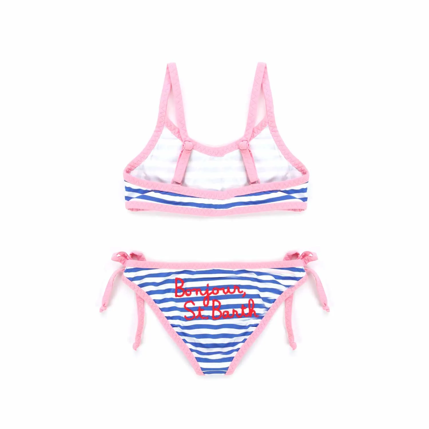 Bikini Bianco A Righe Blu Con Orli Rosa Bambina