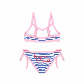 Bikini Bianco A Righe Blu Con Orli Rosa Bambina