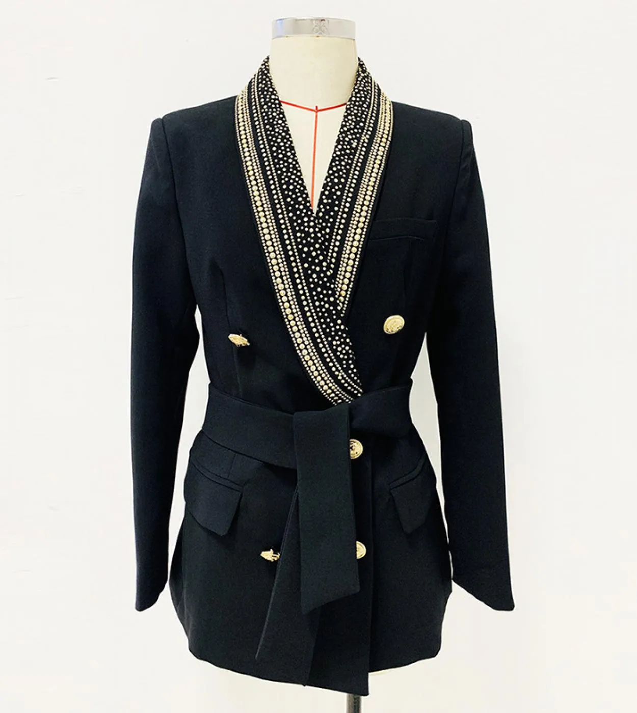 Blazer di alta qualità da donna con perline nere 2022 nuovo designer decorazione in metallo caldo con cintura collo a scialle ab