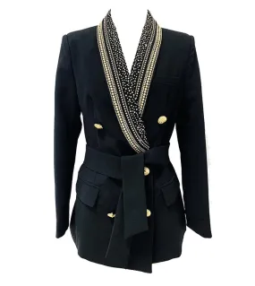 Blazer di alta qualità da donna con perline nere 2022 nuovo designer decorazione in metallo caldo con cintura collo a scialle ab