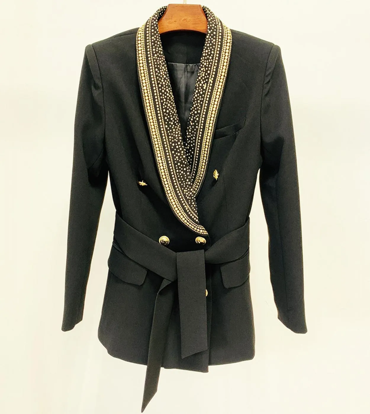 Blazer di alta qualità da donna con perline nere 2022 nuovo designer decorazione in metallo caldo con cintura collo a scialle ab