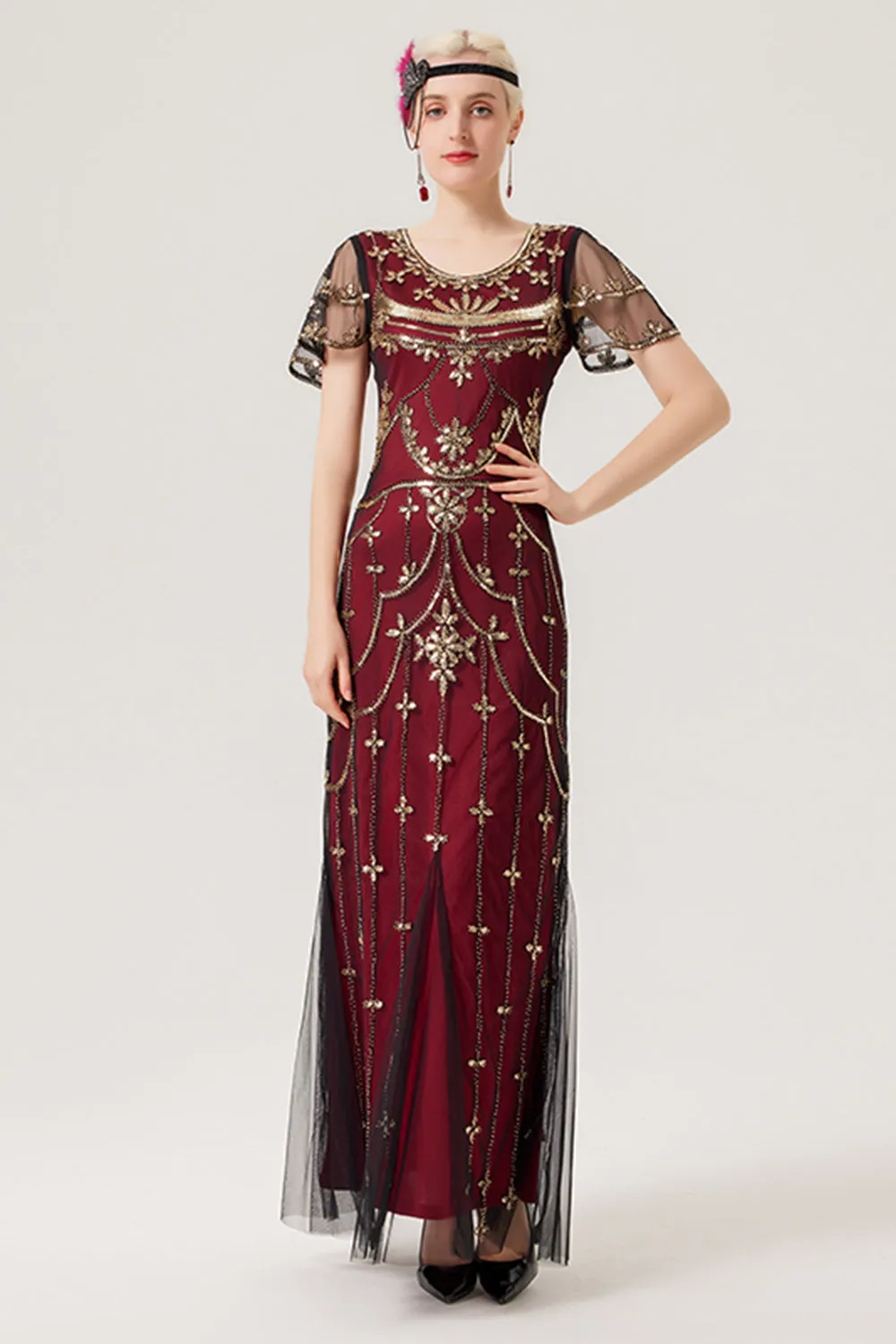 Borgogna paillettes abito lungo anni 1920 con accessori anni '20 set