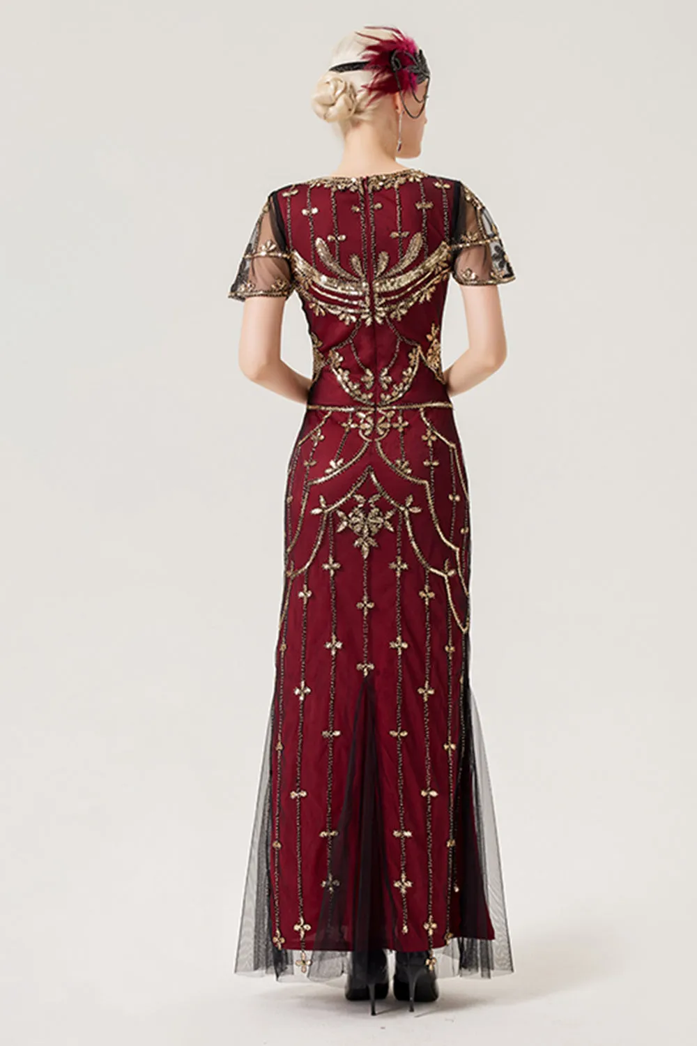 Borgogna paillettes abito lungo anni 1920 con accessori anni '20 set