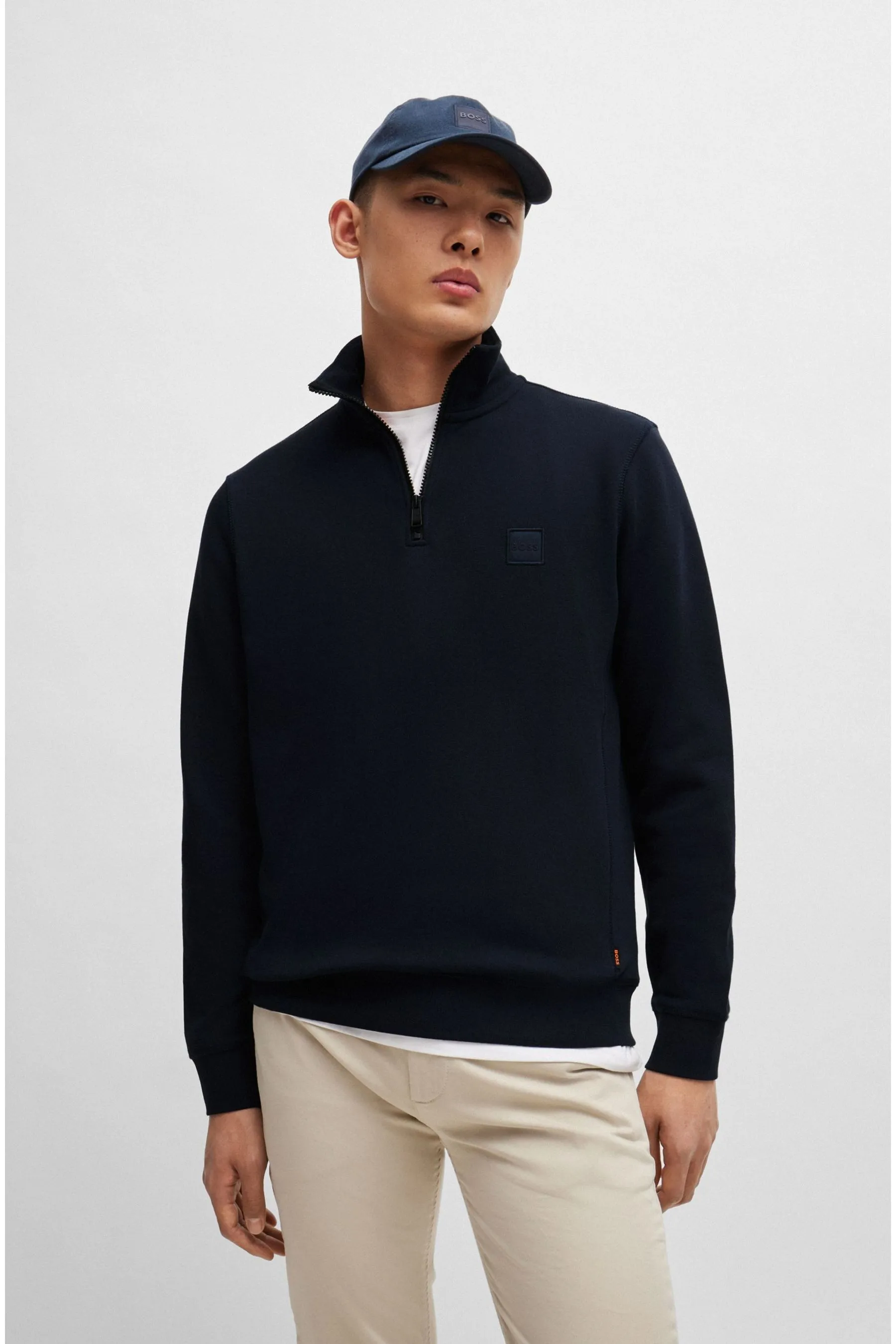 BOSS - Felpa in spugna di cotone spugna con zip e logo