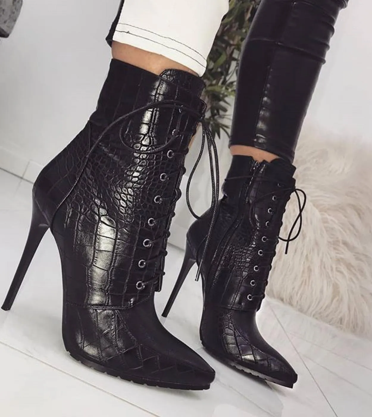 Comemore Autumn Winter Women Ankle Boots  Pointed Toe Pole Dance High Heels Pumps Fashion Zip Lace Up Punk Shoes Size 35