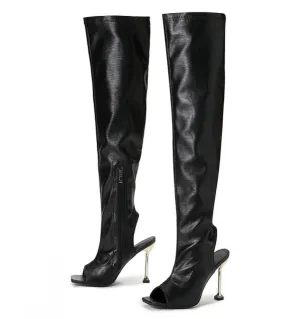 Comemore White Leather Thigh High Over The Knee Boots  Open Toe Stripper Heels Booties Fashion Motorcycle Shoes Women Pu