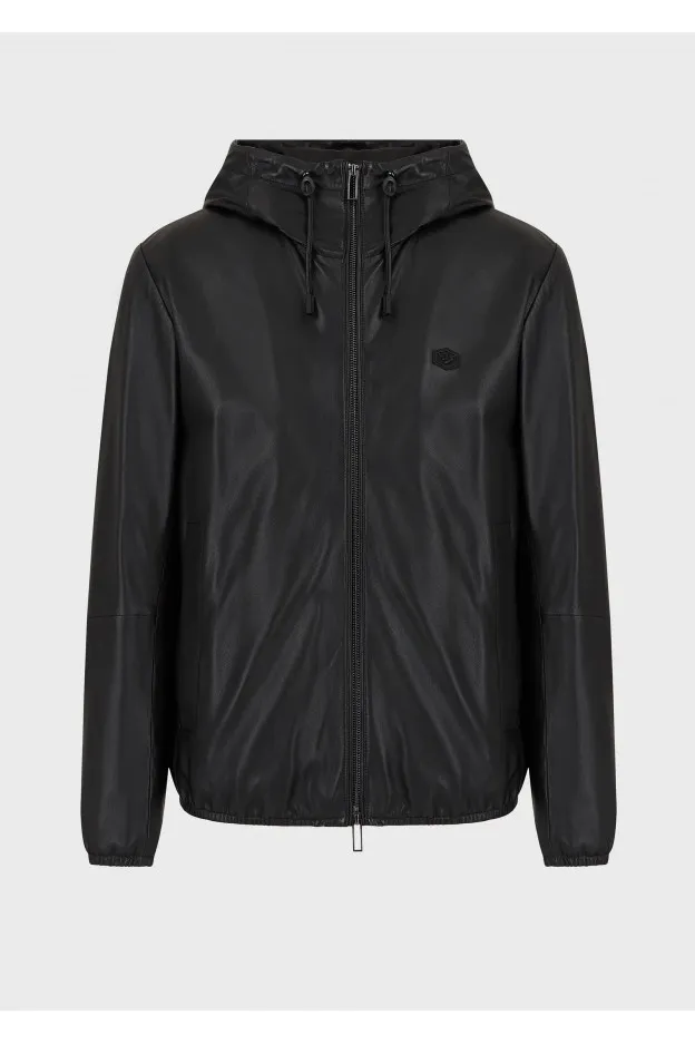 Emporio Armani Blouson full zip con cappuccio in nappa di agnello semianilina