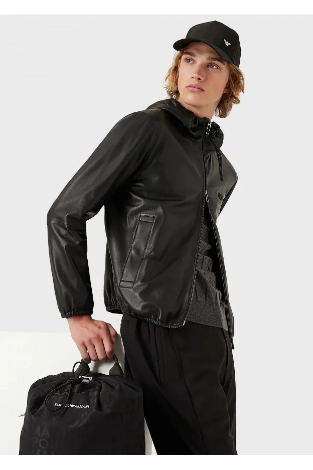 Emporio Armani Blouson full zip con cappuccio in nappa di agnello semianilina