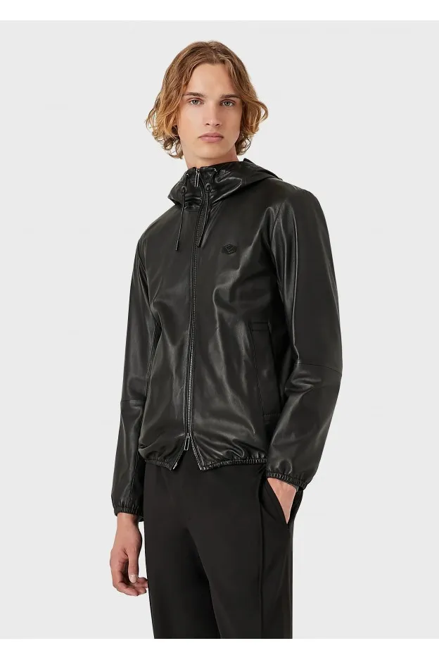 Emporio Armani Blouson full zip con cappuccio in nappa di agnello semianilina