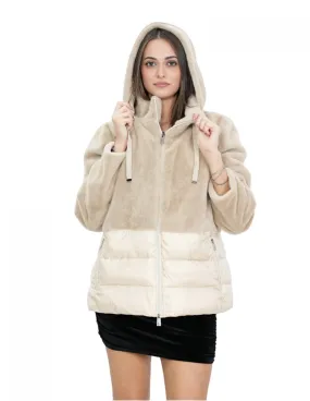 Giacca piumino con pelliccia montone beige 54 con cappuccio chiusura zip tasche esterne 