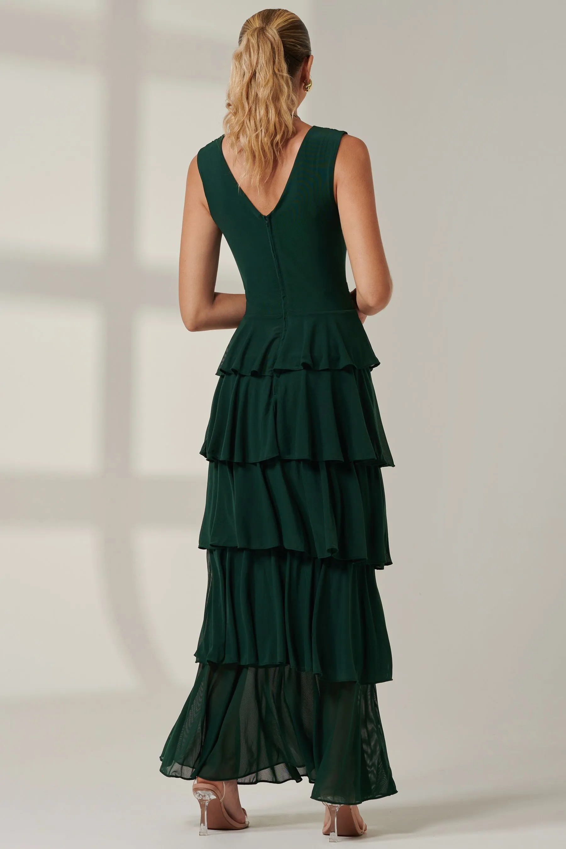 Jolie Moi Plain Tiered Mesh Maxi Dress    