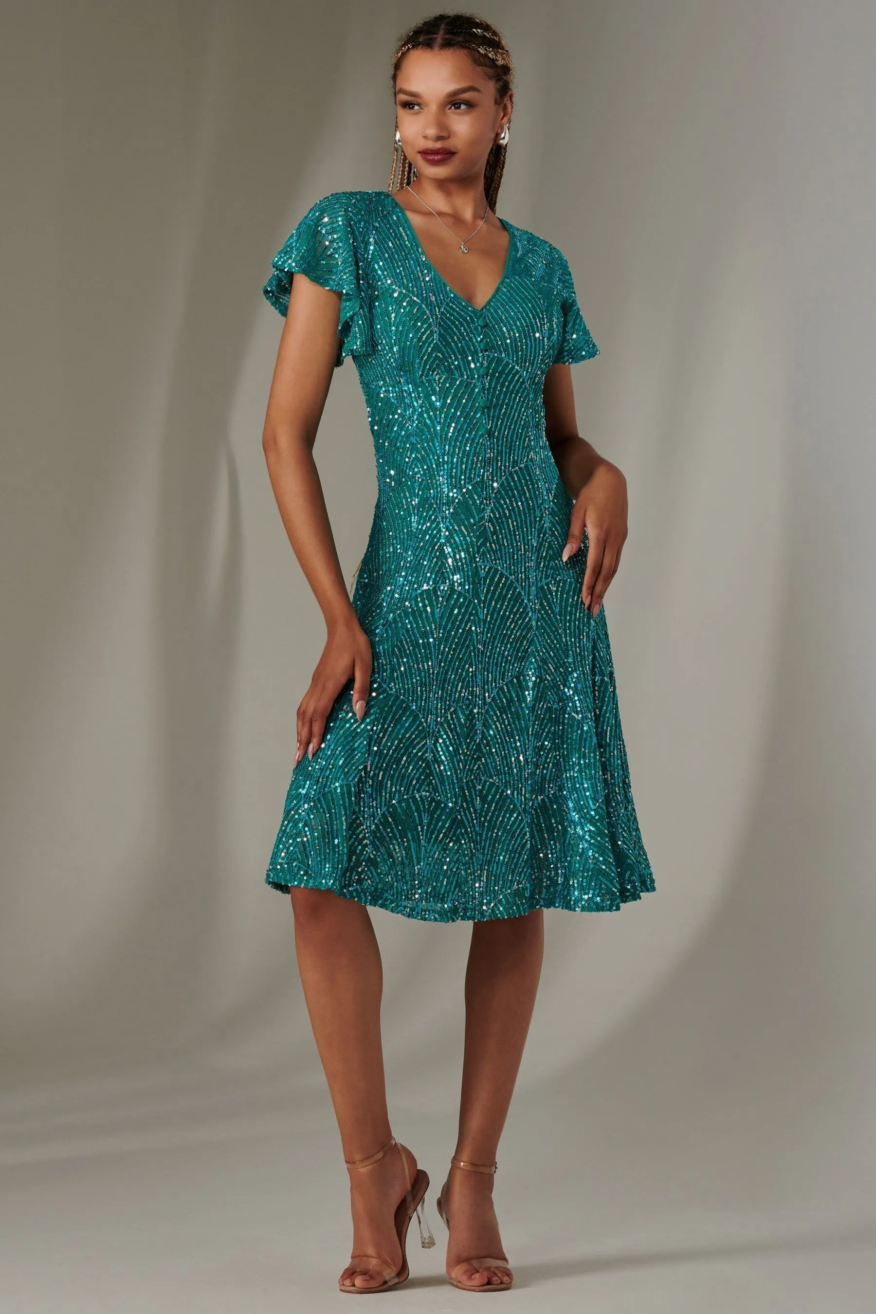Jolie Moi V-Neck Fit and Flare Sequin Dress    