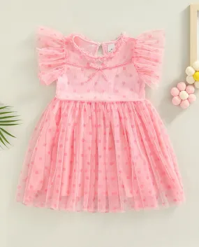 Kid Girl Fly Sleeve Dress Dot Pattern Mesh Patchwork Girocollo A Line Dress Casual Sweet Style Summer Clothes