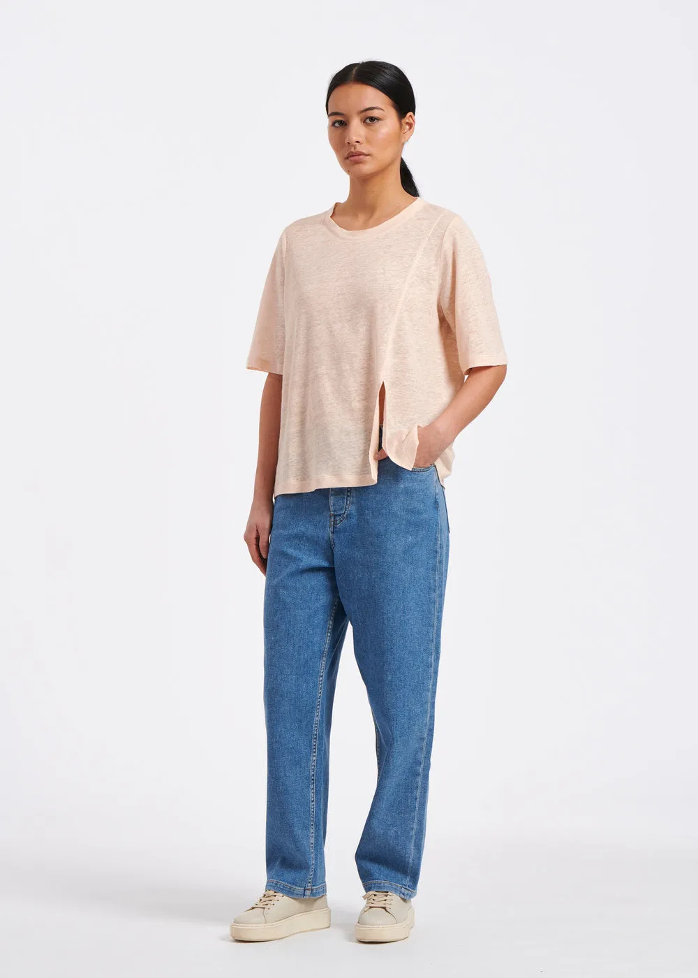 Light pink asymmetrical linen jersey T-shirt