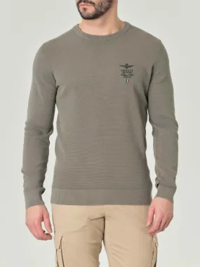 Maglia girocollo verde militare in cotone punto pepe