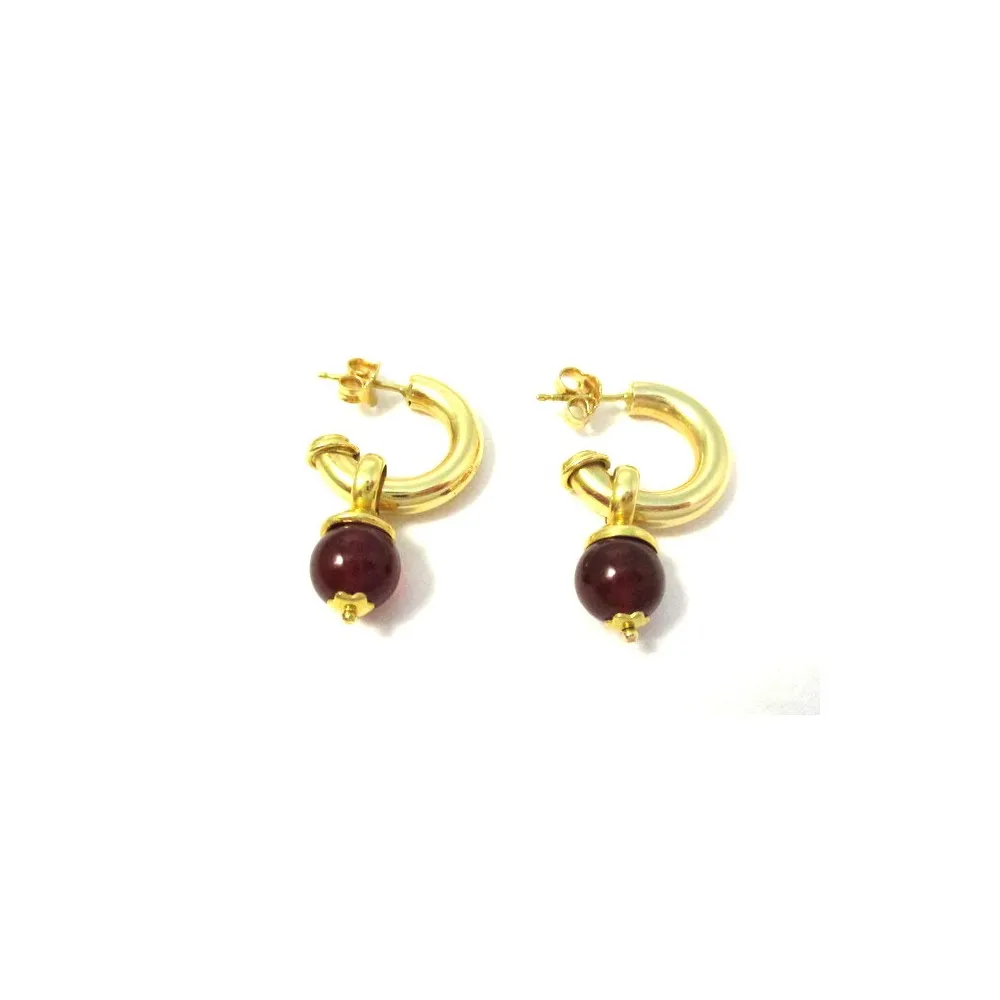 ORECCHINI SEMICERCHI IN ORO GIALLO 18 KT CON CHARM GRANATO ROSSO