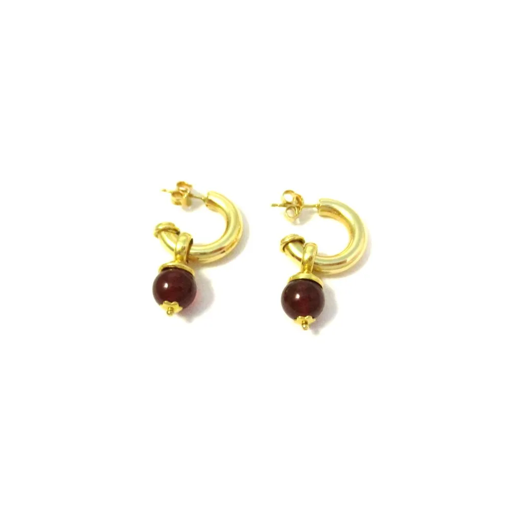 ORECCHINI SEMICERCHI IN ORO GIALLO 18 KT CON CHARM GRANATO ROSSO