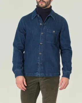 Overshirt blu in denim lavaggio medio di puro cotone con taschino al petto