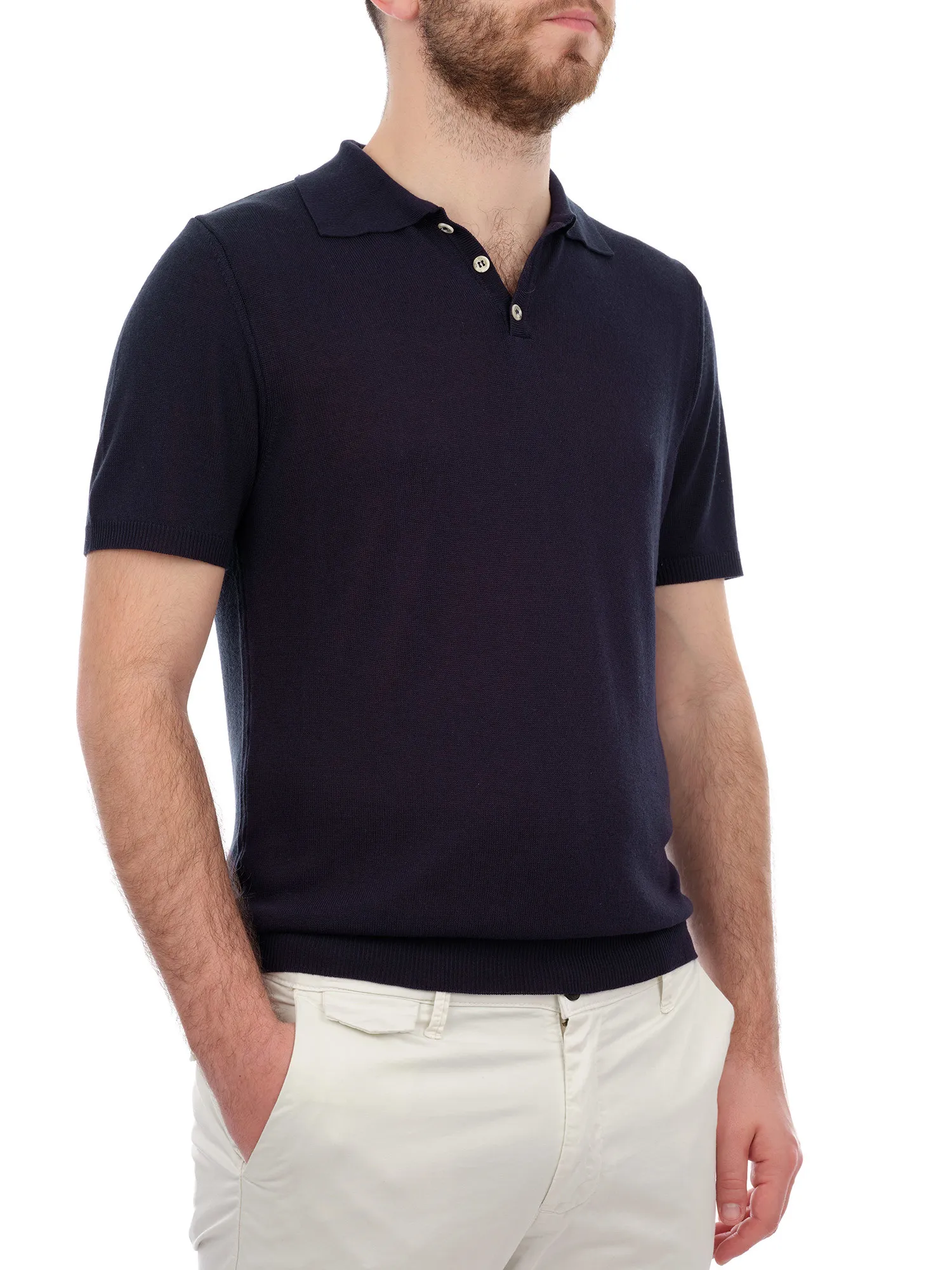 Polo Shirt in Blue Cotton and Silk Fabric