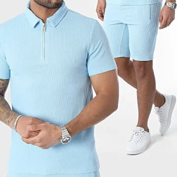 Set di maglietta con scollo a zip e pantaloncini da jogging blu chiaro