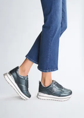 Sneakers platform blu in pelle laminata