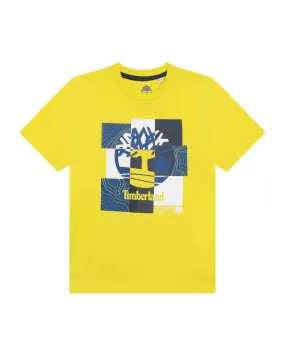 T-shirt verde acido a mezza manica in cotone con stampa logo patchwork 6-12 anni