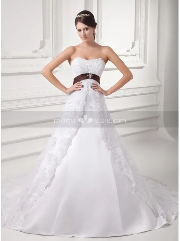 TRACY - A-line Empire waist Strapless Chapel train Satin Lace Wedding dress