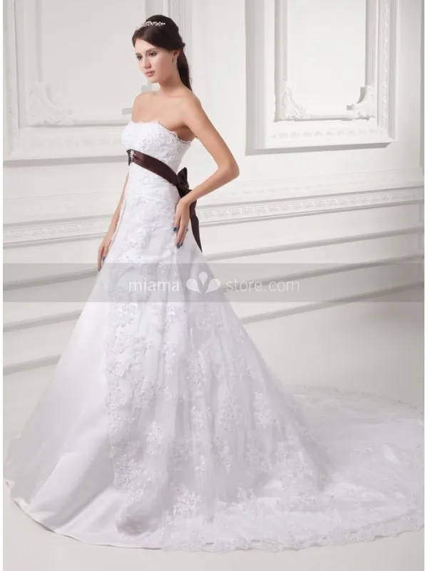 TRACY - A-line Empire waist Strapless Chapel train Satin Lace Wedding dress