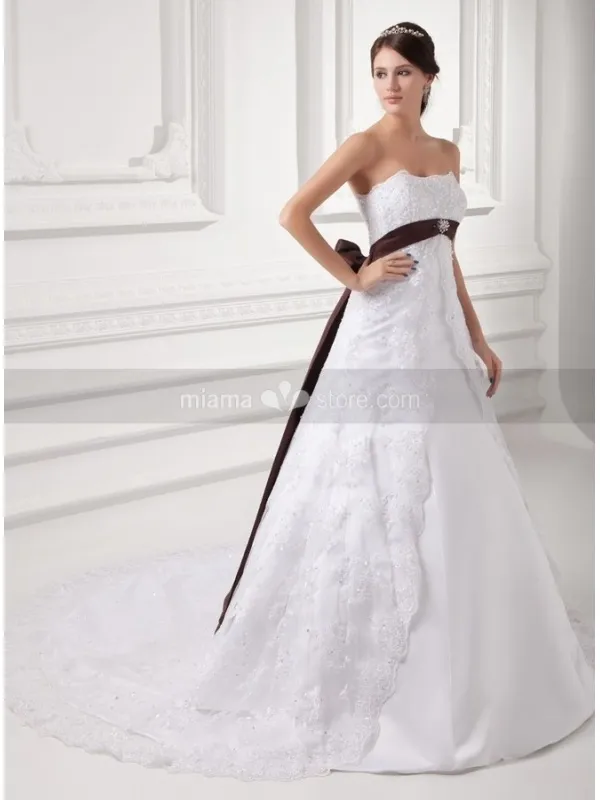 TRACY - A-line Empire waist Strapless Chapel train Satin Lace Wedding dress