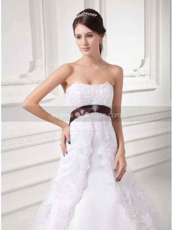 TRACY - A-line Empire waist Strapless Chapel train Satin Lace Wedding dress