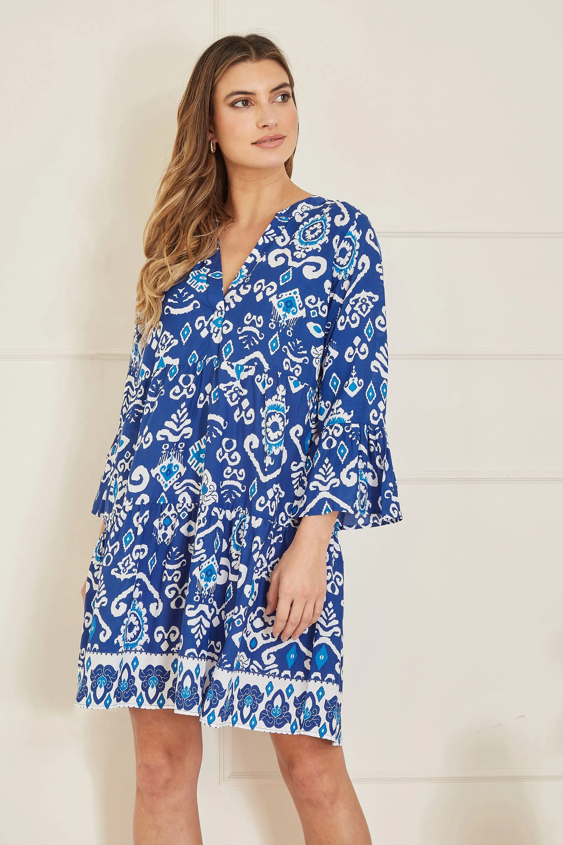 Yumi Ikat Print 3/4 Sleeve Tunic Dress    