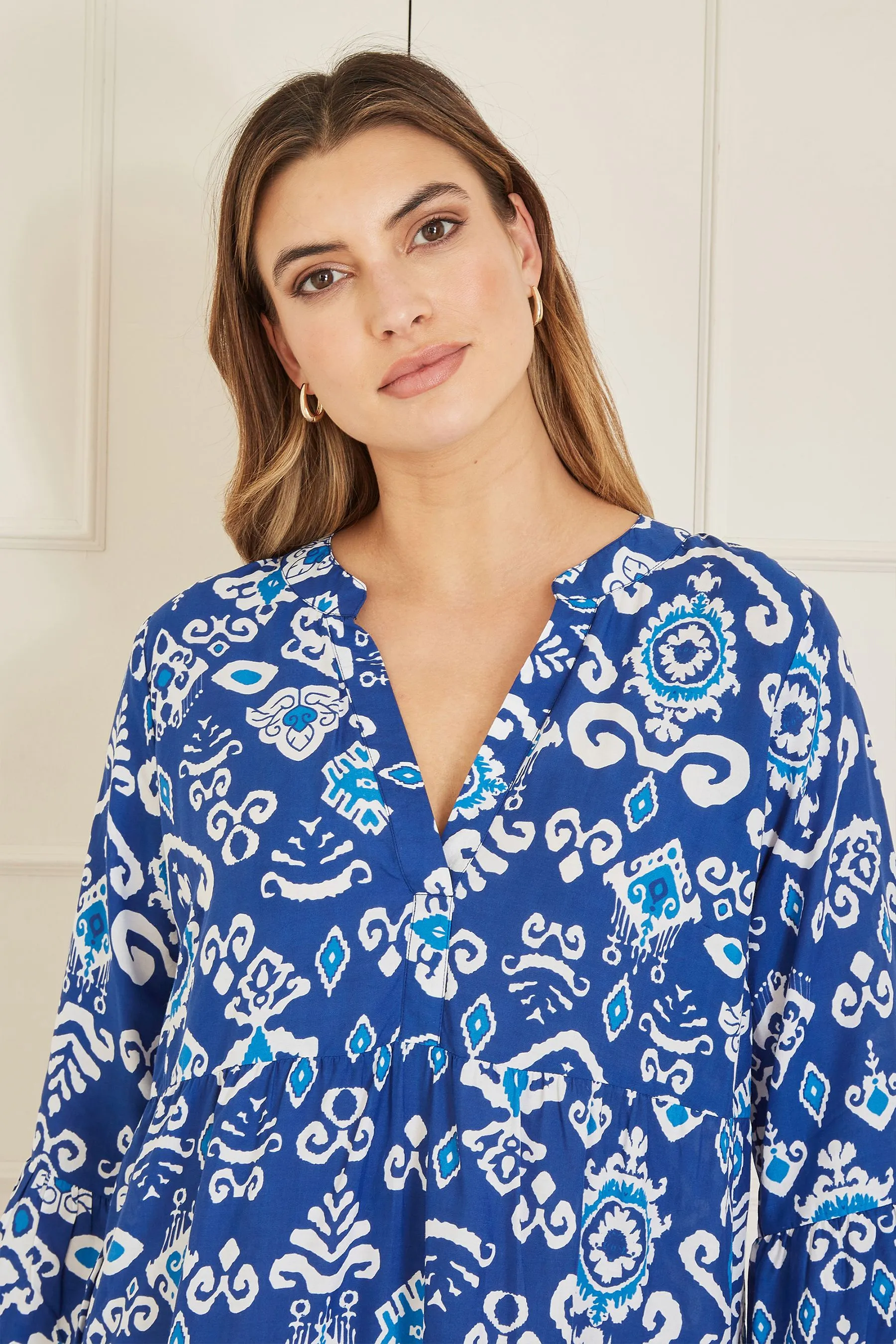 Yumi Ikat Print 3/4 Sleeve Tunic Dress    